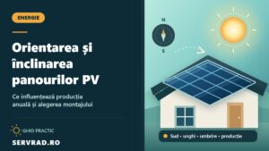 Panouri fotovoltaice montate pe acoperișul unei case, orientate spre soare, cu ilustrarea direcției sud și a unghiului de înclinare.