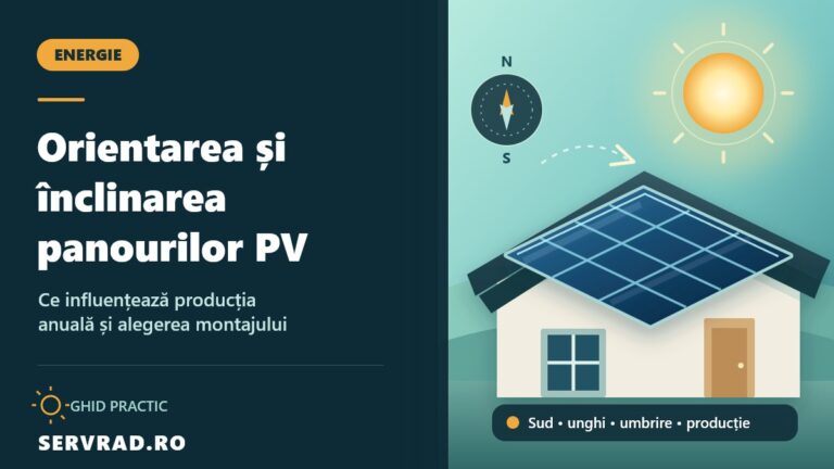 Panouri fotovoltaice montate pe acoperișul unei case, orientate spre soare, cu ilustrarea direcției sud și a unghiului de înclinare.