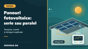 Panouri fotovoltaice montate pe acoperiș, conectate prin cabluri la un invertor MPPT, cu explicații despre legarea în serie și în paralel.