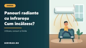 Panou radiant cu infraroșu montat pe perete într-o cameră de zi, cu unde de căldură orientate spre o persoană așezată pe fotoliu