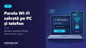 Ilustrație cu un laptop Windows și un telefon mobil care afișează setările Wi-Fi, parola ascunsă și simbolul de securitate al rețelei wireless.