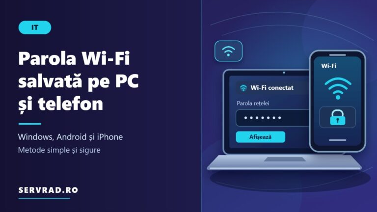 Ilustrație cu un laptop Windows și un telefon mobil care afișează setările Wi-Fi, parola ascunsă și simbolul de securitate al rețelei wireless.