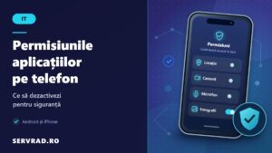 Telefon inteligent cu setări pentru permisiunile aplicațiilor, acces la locație, cameră, microfon și fotografii, protejat de un scut digital