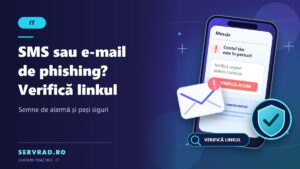 Telefon cu mesaj SMS suspect și laptop cu e-mail de phishing, alături de o lupă care evidențiază un link periculos și un scut digital de protecție.