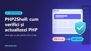 Fereastră de browser cu scut de securitate și actualizare de la PHP 8.2.34 la PHP 8.4.27