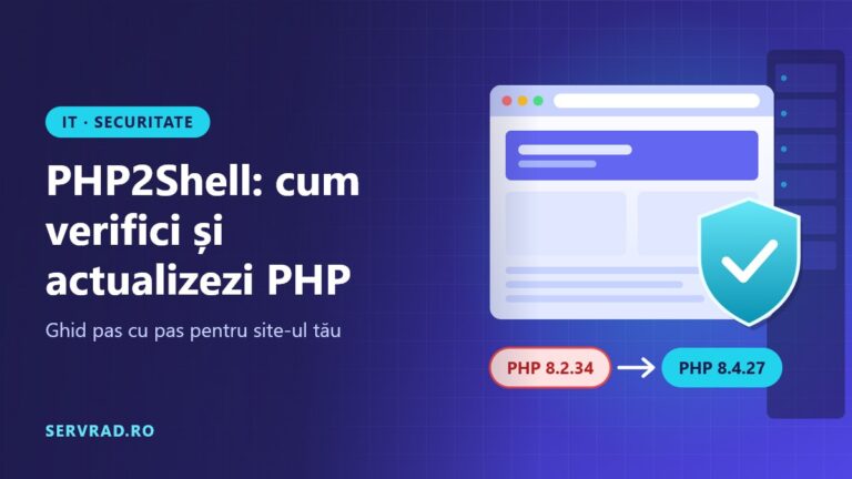 Fereastră de browser cu scut de securitate și actualizare de la PHP 8.2.34 la PHP 8.4.27