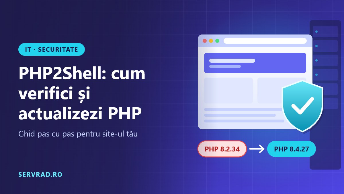 Fereastră de browser cu scut de securitate și actualizare de la PHP 8.2.34 la PHP 8.4.27