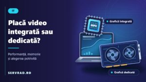 Comparație între placa video integrată într-un procesor și placa video dedicată dintr-un calculator, cu ilustrații ale componentelor și ale unui laptop.
