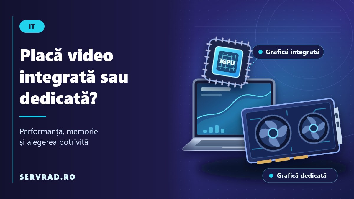 Comparație între placa video integrată într-un procesor și placa video dedicată dintr-un calculator, cu ilustrații ale componentelor și ale unui laptop.