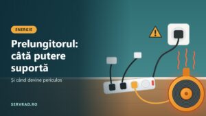 Prelungitor cu mai multe ștechere introduse și un tambur de cablu rulat care se încălzește, lângă o priză de perete