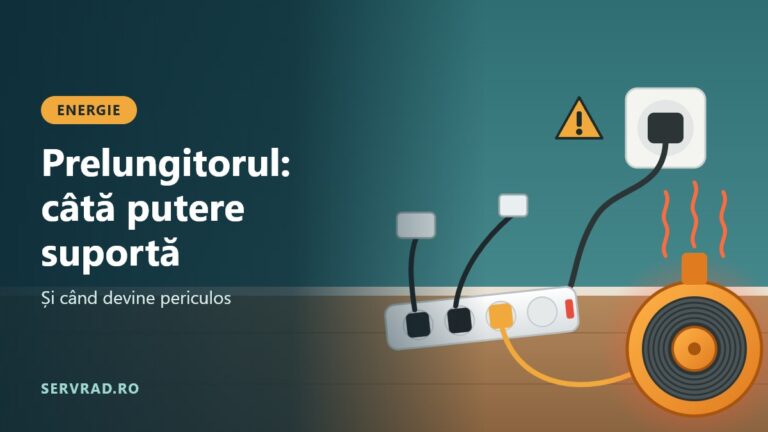 Prelungitor cu mai multe ștechere introduse și un tambur de cablu rulat care se încălzește, lângă o priză de perete