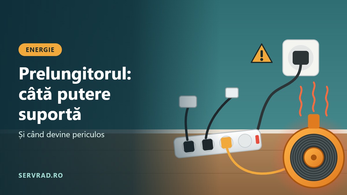 Prelungitor cu mai multe ștechere introduse și un tambur de cablu rulat care se încălzește, lângă o priză de perete
