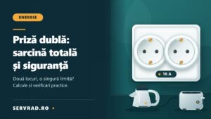 Priză dublă cu două contacte de protecție, ilustrată alături de aparate electrice și marcajul 16 A, pentru explicarea sarcinii totale.