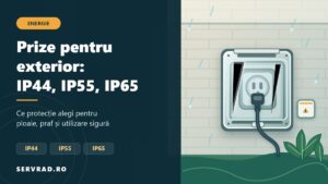 Priză electrică pentru exterior montată pe un perete, protejată de o carcasă cu capac și garnitură împotriva ploii, alături de marcajele IP44, IP55 și IP65.
