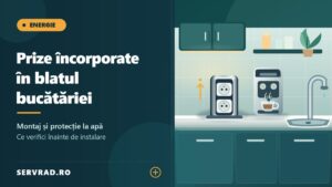Bucătărie modernă cu priză retractabilă încorporată în blat, aparat de cafea și chiuvetă, ilustrând amplasarea sigură și protecția împotriva apei.