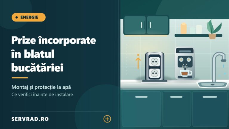 Bucătărie modernă cu priză retractabilă încorporată în blat, aparat de cafea și chiuvetă, ilustrând amplasarea sigură și protecția împotriva apei.