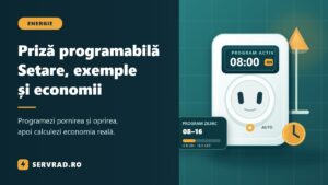 Priză programabilă electronică montată într-o priză de perete, cu afișaj digital, program de pornire și oprire și ilustrație a intervalelor orare.