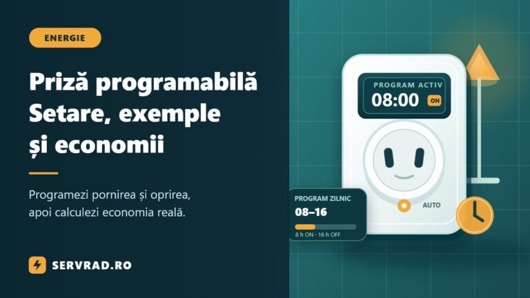 Priză programabilă electronică montată într-o priză de perete, cu afișaj digital, program de pornire și oprire și ilustrație a intervalelor orare.