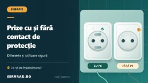 Comparație între o priză electrică Schuko cu contacte metalice de protecție și o priză fără contact de protecție, cu explicații despre siguranță.