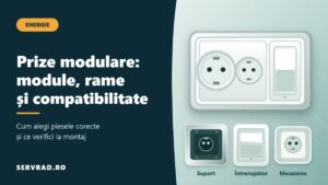 Ansamblu de prize modulare cu ramă decorativă, două prize cu contact de protecție și întrerupător, alături de componentele separate ale sistemului.