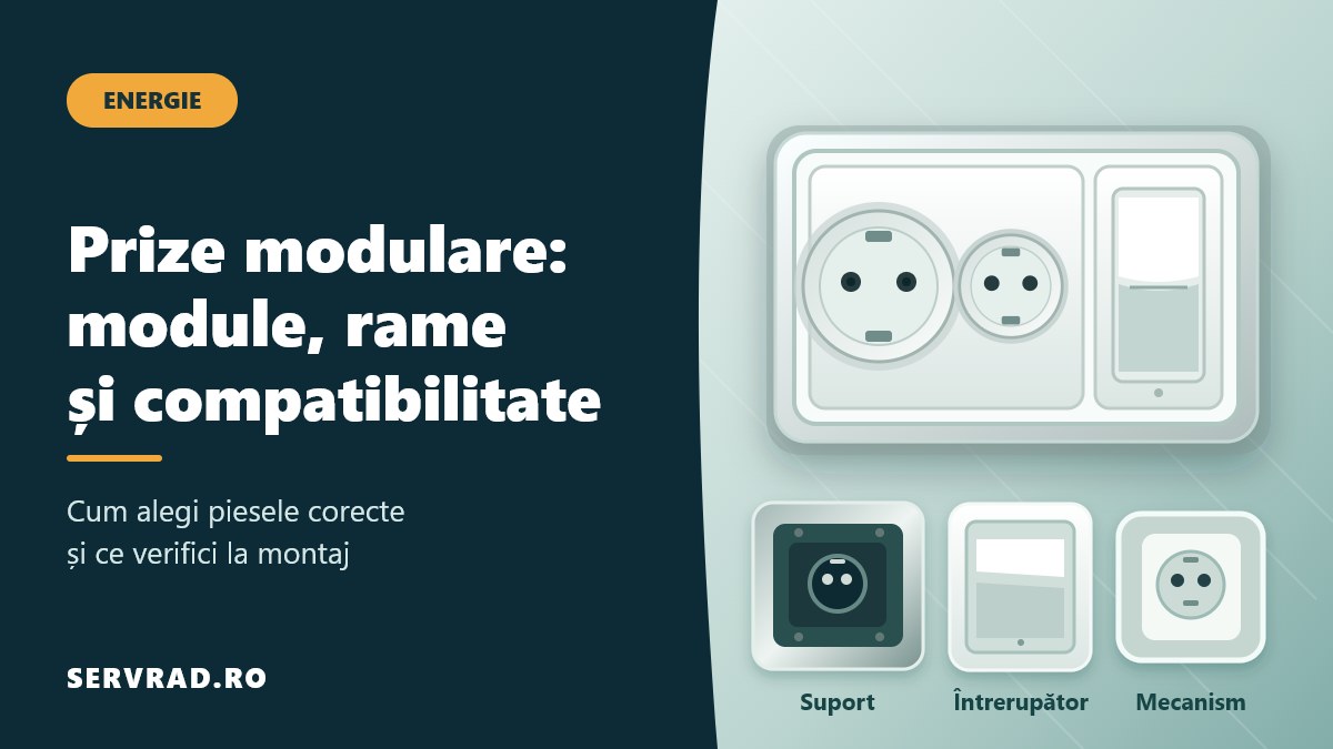 Ansamblu de prize modulare cu ramă decorativă, două prize cu contact de protecție și întrerupător, alături de componentele separate ale sistemului.