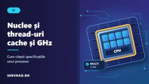 Procesor ilustrat pe o placă de bază, cu nuclee evidențiate și titlul despre nuclee, thread-uri, cache și GHz