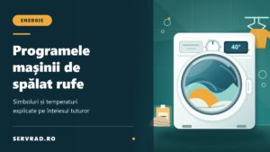 Mașină de spălat rufe ilustrată cu selector de programe, afișaj de temperatură, haine colorate și explicații despre alegerea ciclului potrivit.
