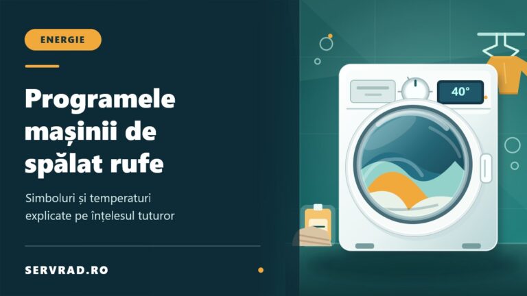 Mașină de spălat rufe ilustrată cu selector de programe, afișaj de temperatură, haine colorate și explicații despre alegerea ciclului potrivit.