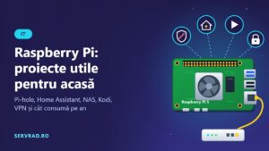 Placă Raspberry Pi 5 cu ventilator, legată prin cablu de rețea la router, cu pictograme pentru blocare de reclame, casă inteligentă, backup și media center