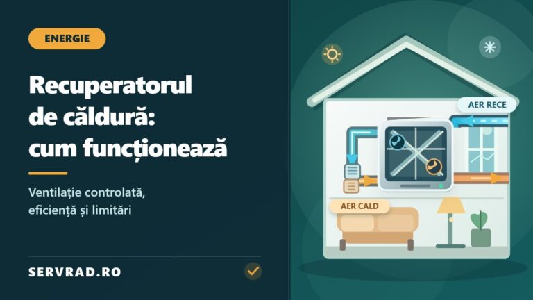 Ilustrație cu un recuperator de căldură montat într-o locuință, trasee separate pentru aerul proaspăt și aerul evacuat și schimbătorul de căldură.