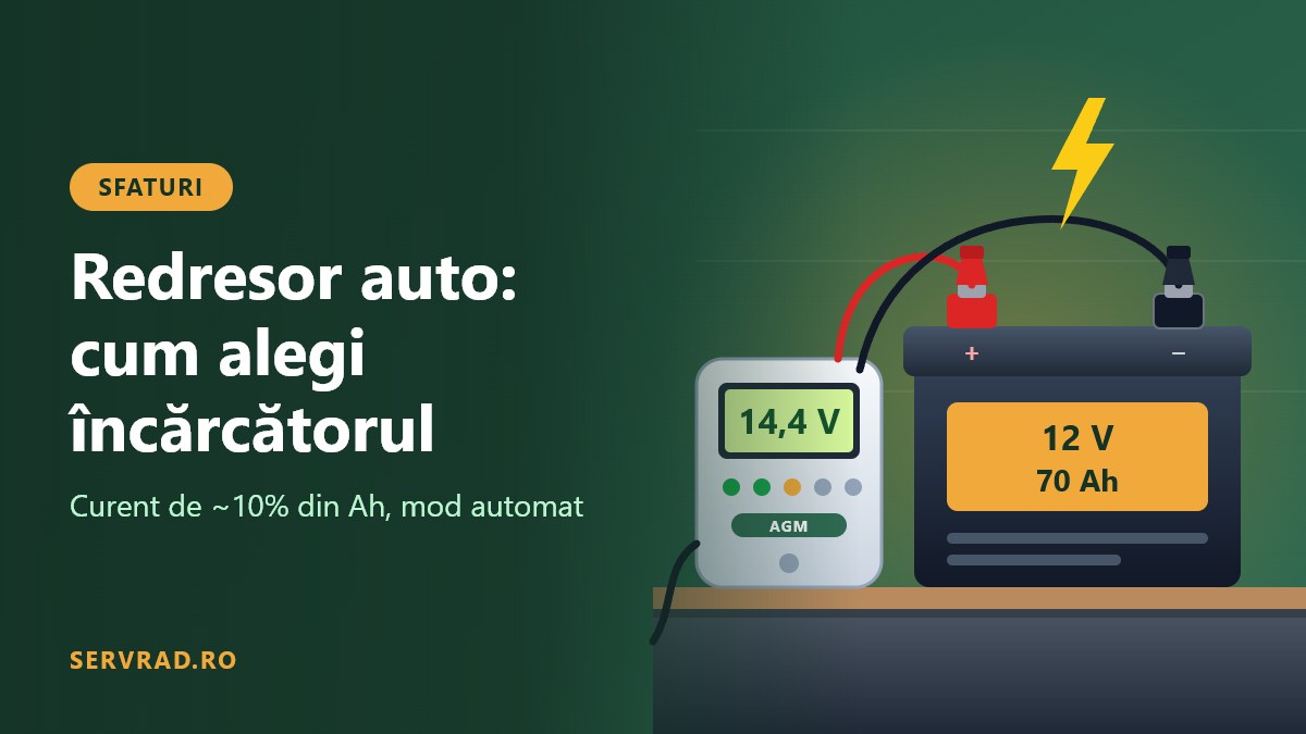 Redresor auto automat cu afișaj de 14,4 V conectat cu clești roșu și negru la o baterie de mașină de 12 V