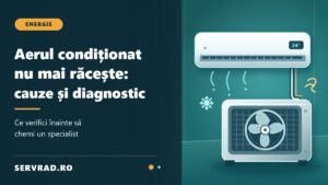 Aer condiționat de perete și unitate exterioară ilustrate vectorial, cu simboluri pentru răcire și diagnosticarea defecțiunilor.
