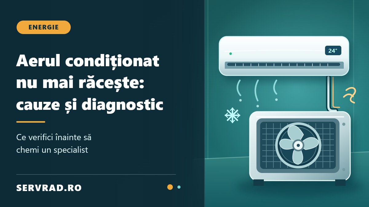 Aer condiționat de perete și unitate exterioară ilustrate vectorial, cu simboluri pentru răcire și diagnosticarea defecțiunilor.