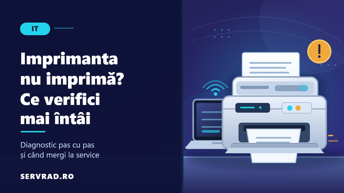 Imprimantă multifuncțională care nu imprimă, alături de un laptop și un simbol de avertizare, ilustrație pentru verificarea problemelor de imprimare și apelarea la service.