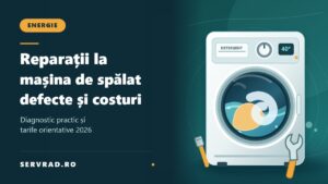 Mașină de spălat ilustrată cu tambur, panou de comandă și unelte de service, alături de titlul unui ghid despre defecte, diagnostic și costuri de reparație.