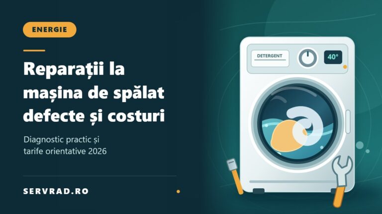 Mașină de spălat ilustrată cu tambur, panou de comandă și unelte de service, alături de titlul unui ghid despre defecte, diagnostic și costuri de reparație.