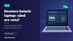 Laptop cu raportul de sănătate al bateriei afișat pe ecran, indicator de încărcare și ilustrație despre resetarea și calibrarea bateriei.
