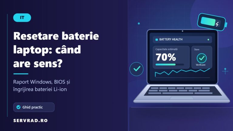 Laptop cu raportul de sănătate al bateriei afișat pe ecran, indicator de încărcare și ilustrație despre resetarea și calibrarea bateriei.