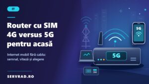 Router 5G cu antene și cartelă SIM, conectat prin rețeaua mobilă la internet și distribuind Wi-Fi către un laptop și un telefon.