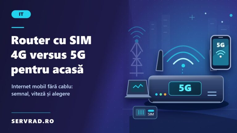 Router 5G cu antene și cartelă SIM, conectat prin rețeaua mobilă la internet și distribuind Wi-Fi către un laptop și un telefon.