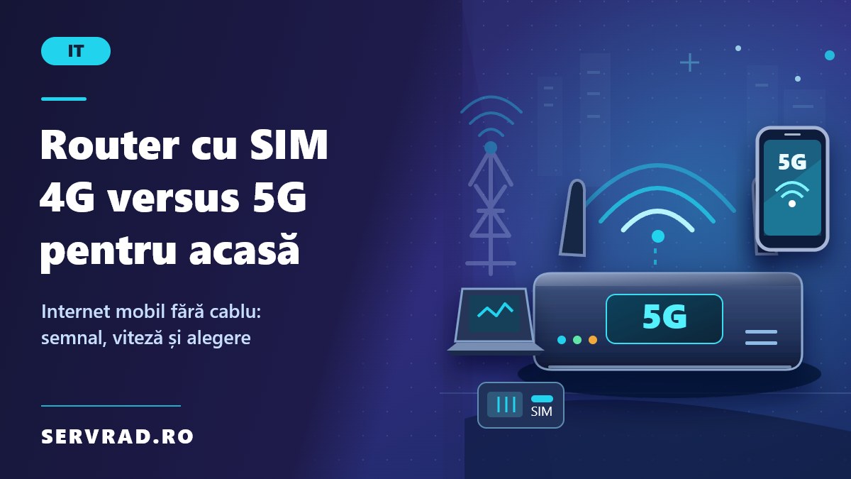 Router 5G cu antene și cartelă SIM, conectat prin rețeaua mobilă la internet și distribuind Wi-Fi către un laptop și un telefon.