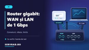 Router gigabit cu porturi WAN și LAN de 1 Gbps, conectat prin cabluri Ethernet la un terminal de fibră optică și un calculator.