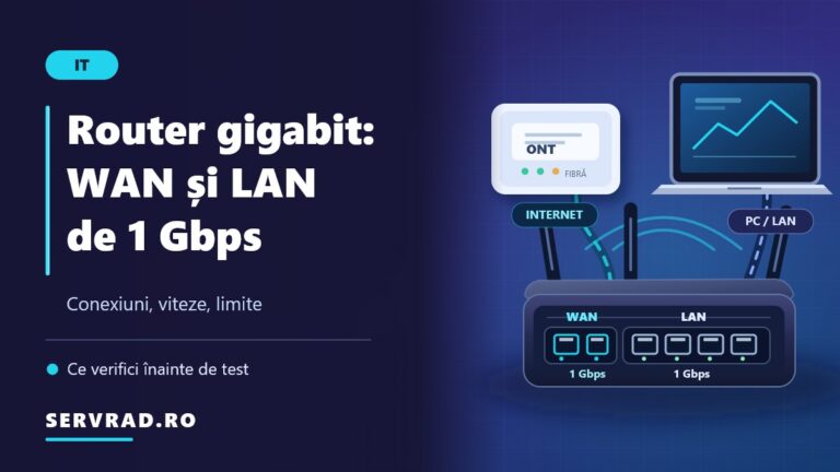 Router gigabit cu porturi WAN și LAN de 1 Gbps, conectat prin cabluri Ethernet la un terminal de fibră optică și un calculator.