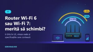 Router Wi-Fi modern cu antene și trei benzi de semnal, 2,4 GHz, 5 GHz și 6 GHz, pe un birou lângă laptop și telefon