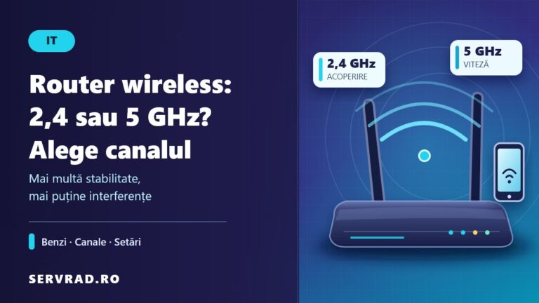 Router wireless cu antene și semnale Wi-Fi, alături de comparația benzilor de 2,4 și 5 GHz și alegerea canalului potrivit.