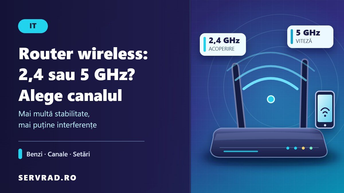 Router wireless cu antene și semnale Wi-Fi, alături de comparația benzilor de 2,4 și 5 GHz și alegerea canalului potrivit.