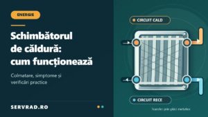Schimbător de căldură cu plăci metalice și patru racorduri, ilustrând circulația separată a apei calde și reci și transferul termic dintre circuite.