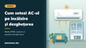 Aer condiționat de perete setat pe încălzire la 22°C, cu flux de aer cald în cameră și unitate exterioară în condiții de iarnă.