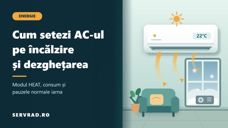 Aer condiționat de perete setat pe încălzire la 22°C, cu flux de aer cald în cameră și unitate exterioară în condiții de iarnă.