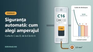 Siguranță automată C16 mărită, lângă un grafic cu benzile de declanșare ale curbelor B, C și D și o secțiune de cablu de cupru